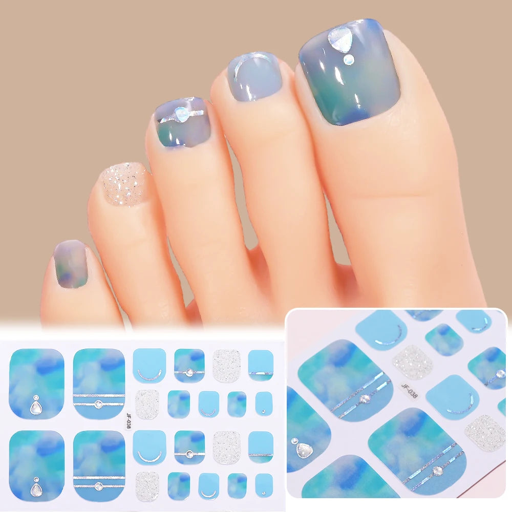 22 Tipps goldene Glitzer-Nagelaufkleber für Füße, 5 Farben, 11 Größen, vollständige Abdeckung, Fußkunst-Aufkleber, einfach zu erreichen, Zehen-Maniküre-Dekoration