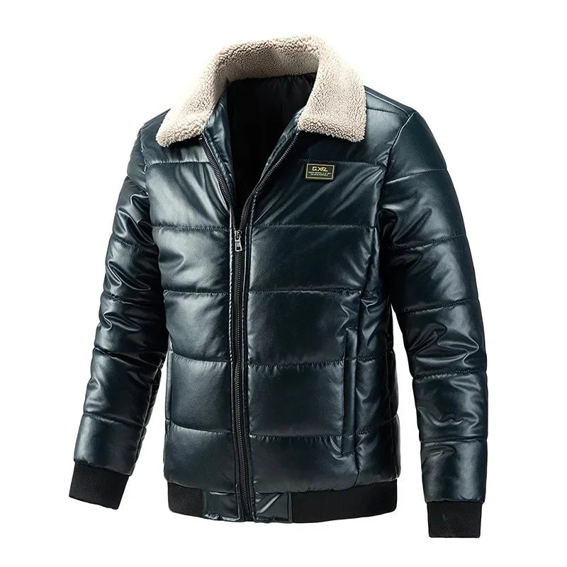 Verdickte PU-Lederjacke Herren Lammfellkragen Bikerjacke Baumwollmantel Motorradstil Casual Oberbekleidung Herrenjacke