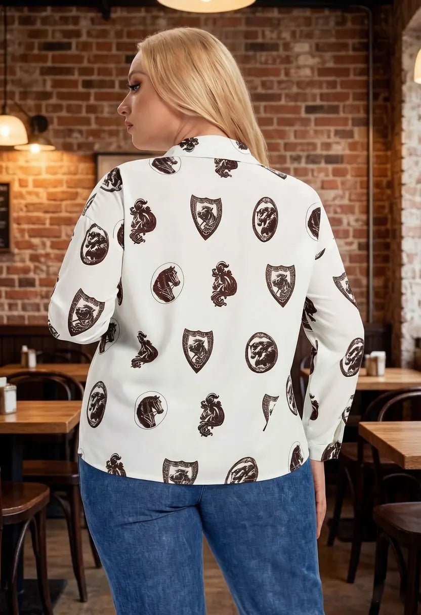 Damen Vintage Bluse mit Pferdemuster Langarm Satin-Hemd Lässiger V-Ausschnitt Knopfleiste Elegantes Büro-Arbeitskleidung