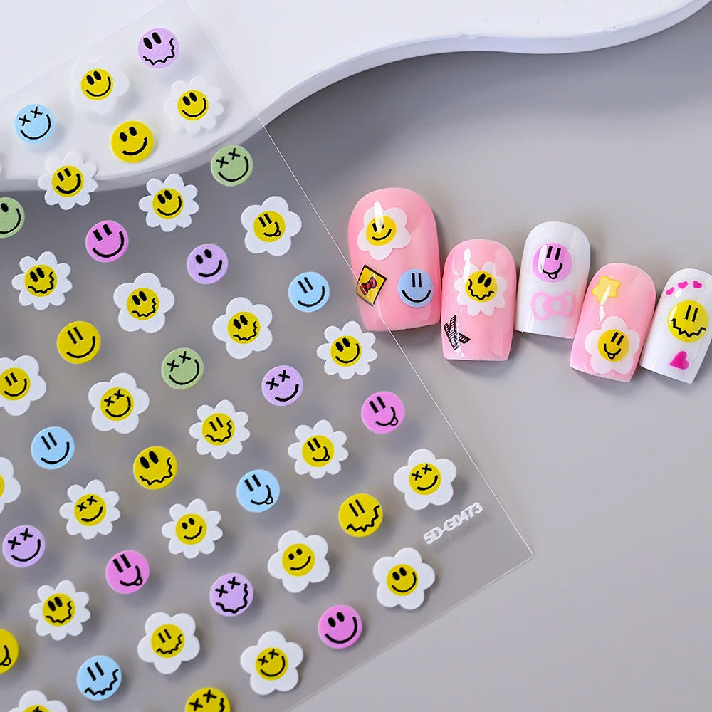 5D geprägte Lächeln Nail Art Aufkleber lustig/Lächelnde Sonnenblume Nail Art Aufkleber Kawaii Macaron selbstklebendes Design DIY glückliche Dekoration