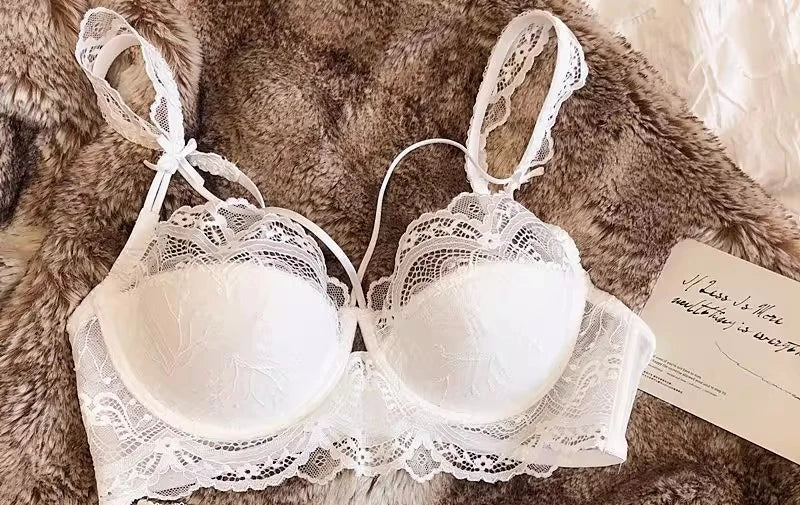MOYISU Sexy Spitzen-Bralette-Set, kleine Brüste, französisches Design, abnehmbare Träger mit dünnen Push-Up-Pads, weiche Bügel-BH-Abdeckung, Oberteil AB