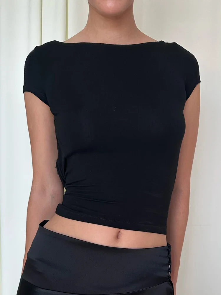 Frauen O Hals Kurzarm Backless Geraffte Crop Top Y2K Streetwear Sommer Frühling Casual T-Shirt Dropshipping