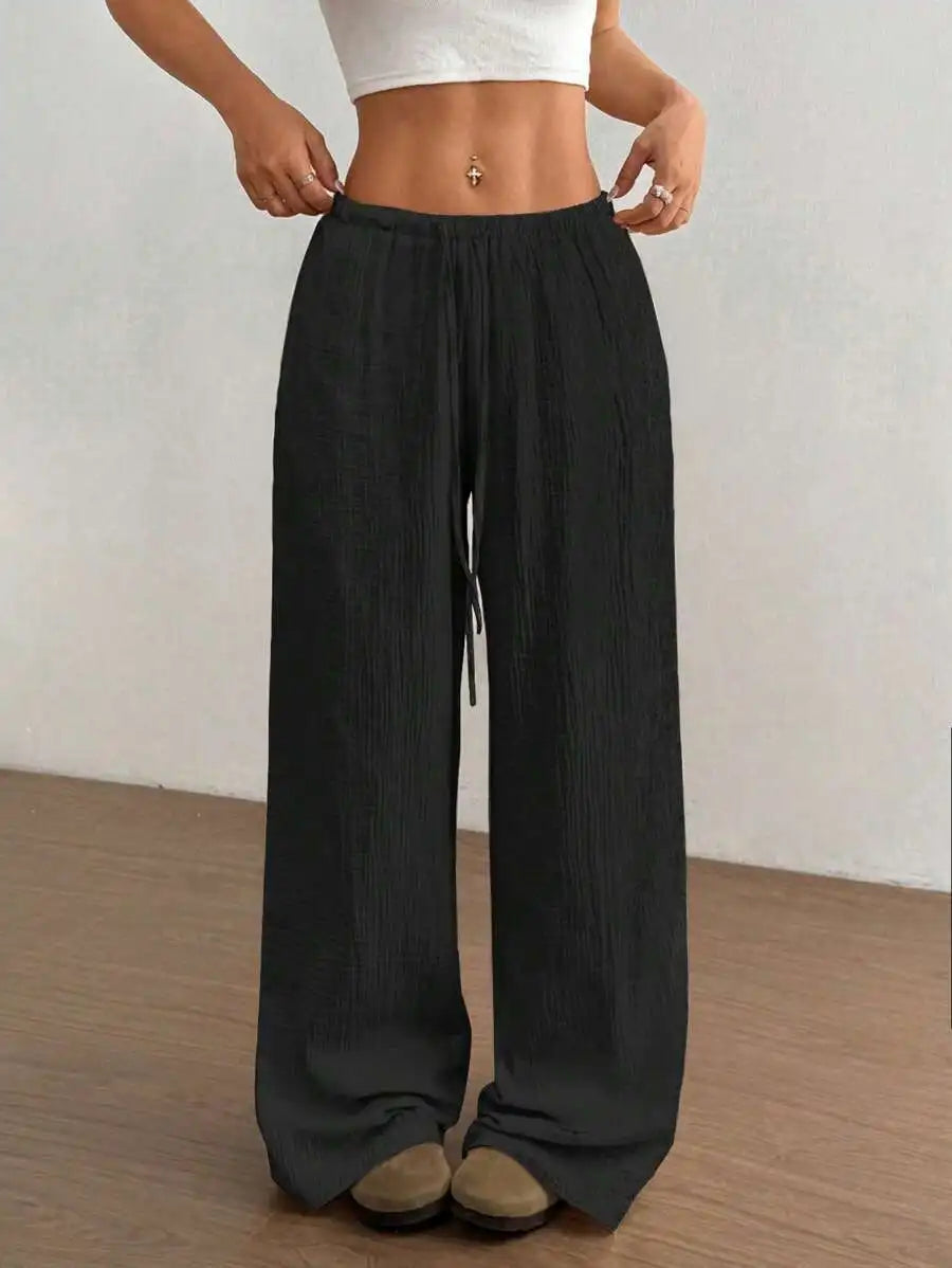 Einfarbige Damen-Freizeithose für Frühling/Herbst mit Kordelzug und geradem Bein, bequem, atmungsaktiv, für Lounge, elegante Reisen, Urlaub, Strand, Freizeithose