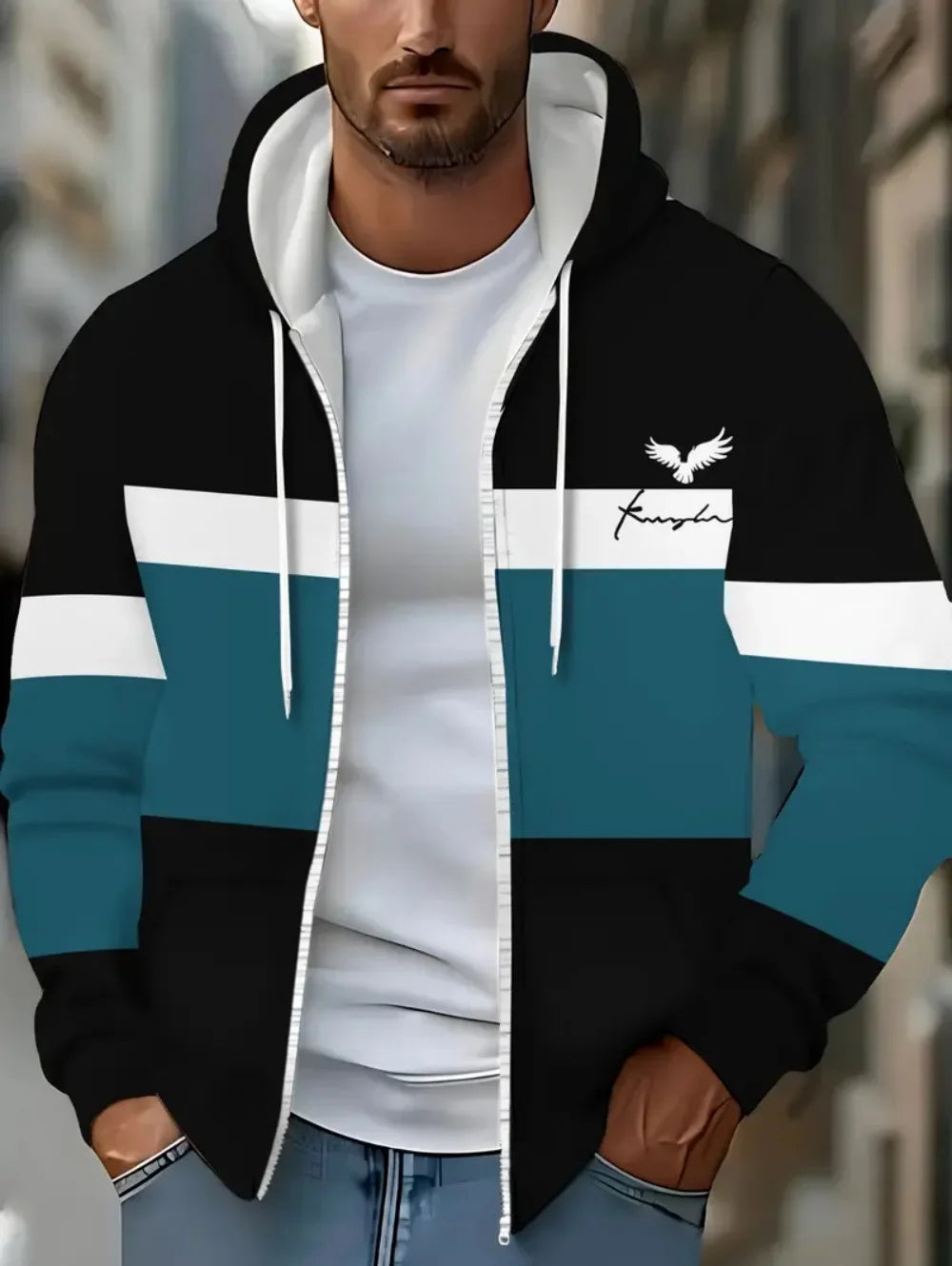 Lässiges, gestreiftes Herren-Sweatshirt mit Kapuze und durchgehendem Reißverschluss, Outdoor-Kleidung, glatte Kapuzentaschen mit Kordelzug, einfache gestreifte Sportbekleidung für Herren