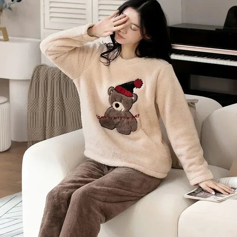 2-teiliges Set, verdicktes Langarm-Hosenset, Paar-Loungewear, Damen-Flanell, Cartoon-Bär, grau, zweiteiliges Set, Nachtwäsche, Homewear