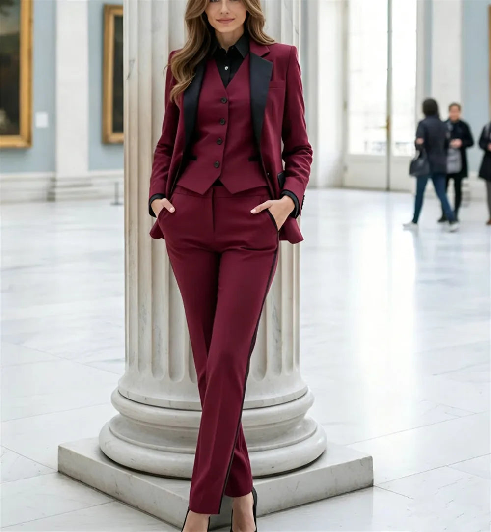 Beige Damenanzüge, 3-teiliger Damenanzug, Bürokleidung, Traje Mujer, eleganter Hosenanzug im Smoking-Stil, Business-Anzug