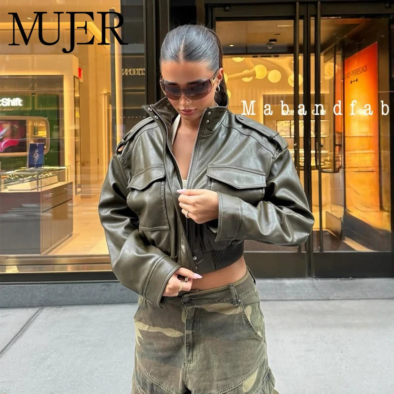 MUJER Kurze Jacke aus Kunstleder für Damen, Bomberjacke für die Halbsaison für Damen, langärmelig, Damenmäntel, Manteljacke mit Reißverschluss, Damen