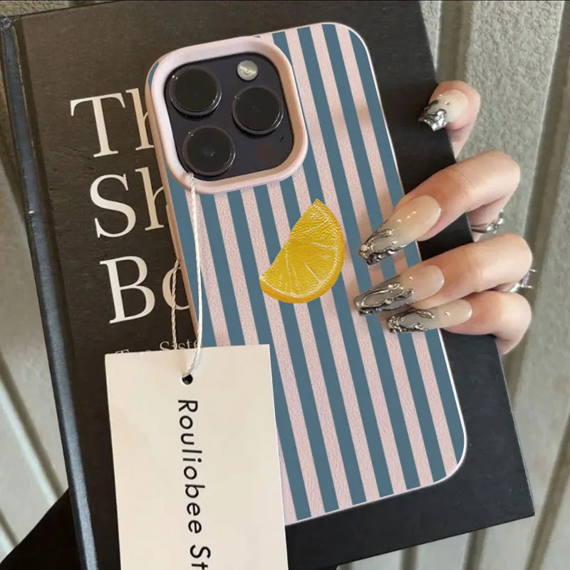 Für iPhone 17 16 15 14 13 12 11 Pro Max Hülle Blau gestreift Zitronenfrisches Muster Cover für iPhone XS X XR 16 Plus 16e Soft Funda