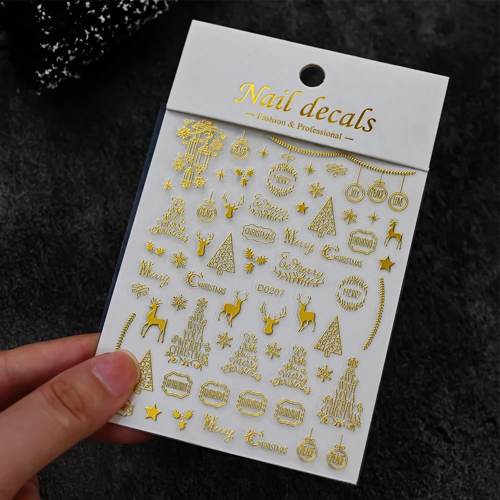 5D Goldprägung Schleife Ball Hirsch Weihnachten Nagelaufkleber Glänzender Kranz Weihnachtsbaum Kristall Nagelaufkleber Winter Nageldekoration