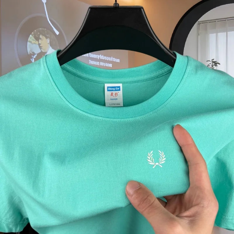 100% reine Baumwolle, hochwertiges Marken-Herren-T-Shirt mit Rundhalsausschnitt und kurzen Ärmeln, Sommermode, luxuriöses Weizen-Stickerei-Design, lässiges T-Shirt