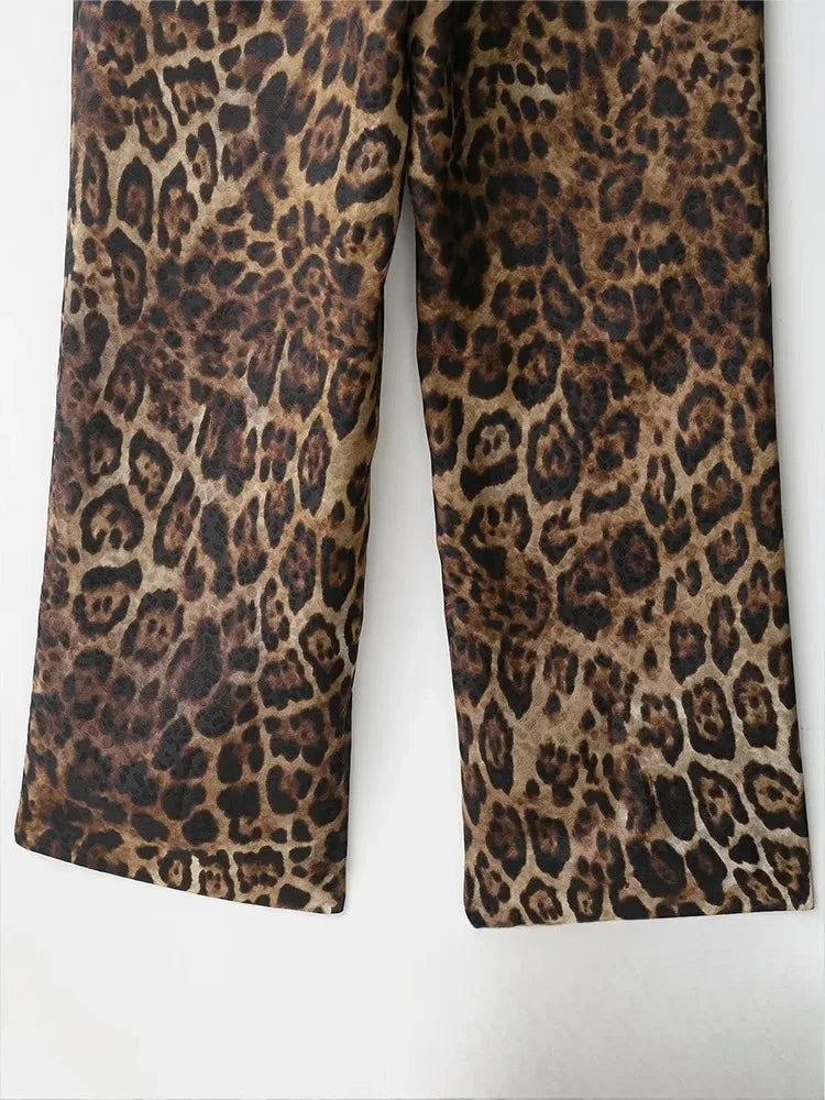 KONDALA Vintage Leopardenmuster Damenanzüge V-Ausschnitt Schärpen Langarm Übergroßer Blazer + Hose mit weitem Bein Mode 2025, Herbstanzüge