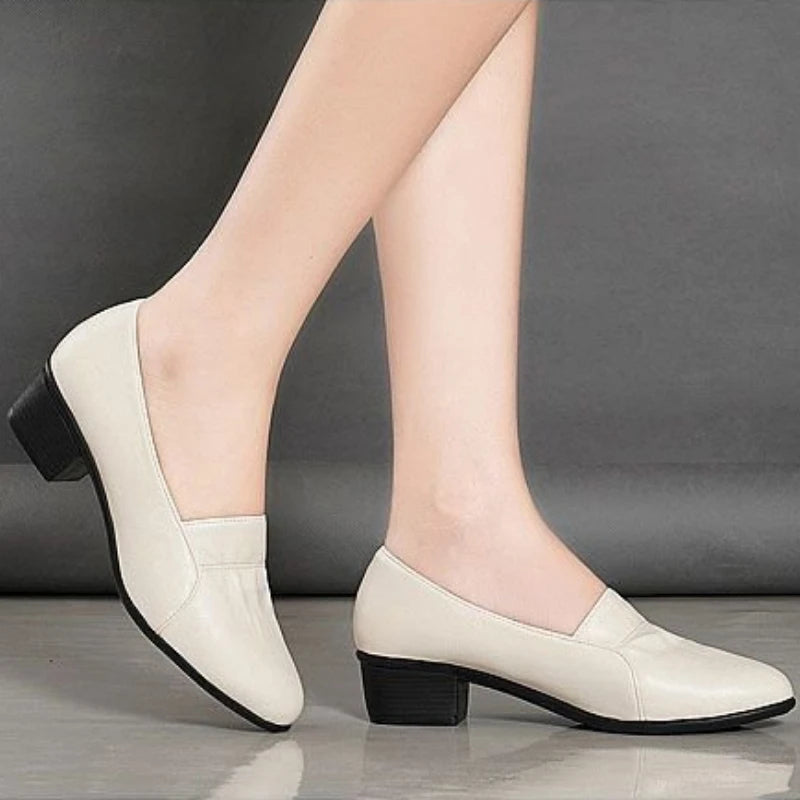 Komfortable Walking-Schuhe für Damen, mittelhohe Blockabsatz-Pumps, Slip-On-Loafer aus PU-Leder, Vintage-Stil, quadratische hohe Absätze, Büro-Damenschuhe, elegante Schuhe