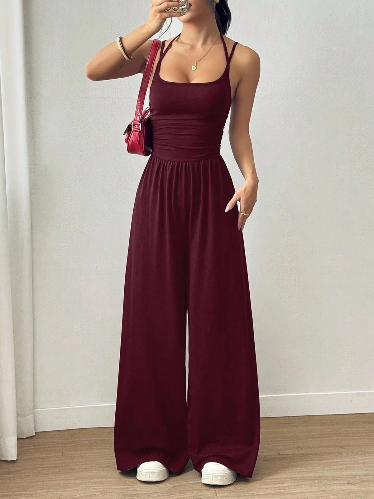 Damen Sommer Schwarz Lässiger Plissierter Lockerer Gerader Jumpsuit Ärmellos Hohe Taille Rückenfreier Overall Einfacher Trägeroverall
