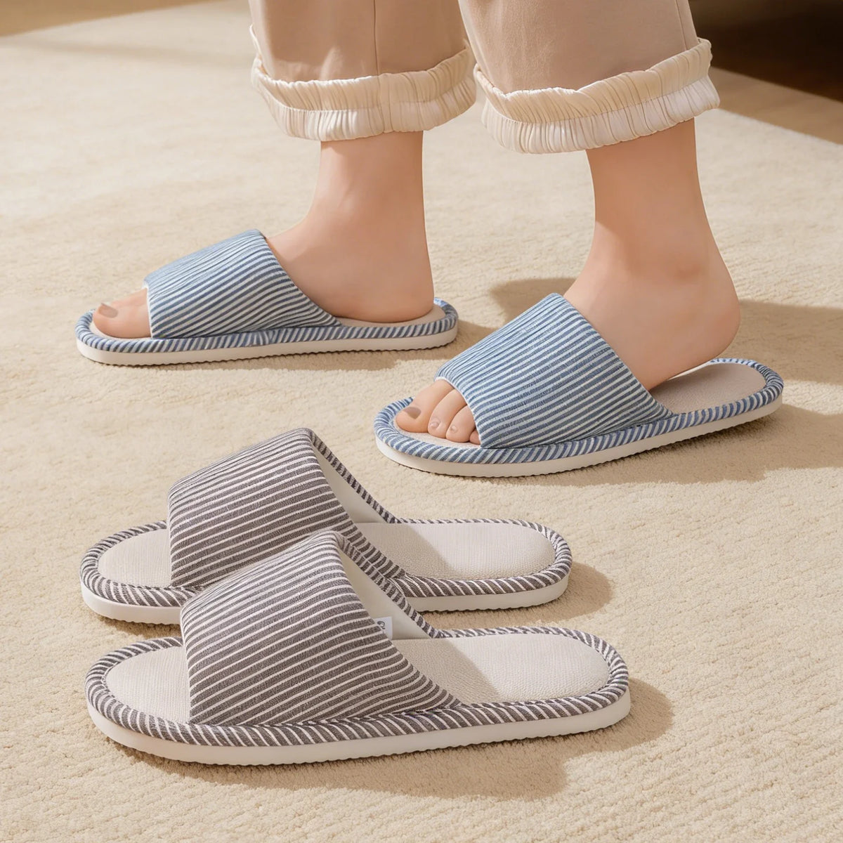 Herren Rutschfeste Leinen-Hausschuhe für Frühling und Sommer, Atmungsaktive Innenraumschuhe mit Offener Zehenpartie und Rutschfestem Streifendesign