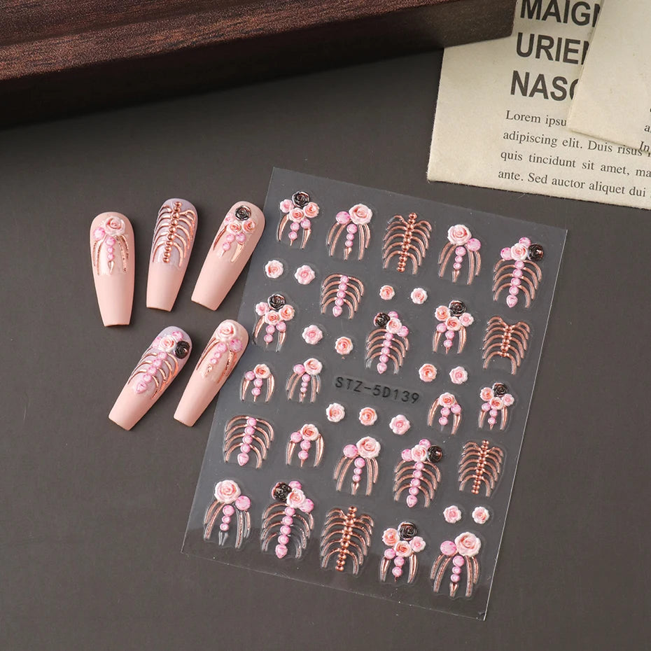 1/2 Stück 5D Skelett Rose Weiße Perle Nail Art Aufkleber Eleganter Modestil Gold Roségold Farben DIY Maniküre Dekoration Tipps