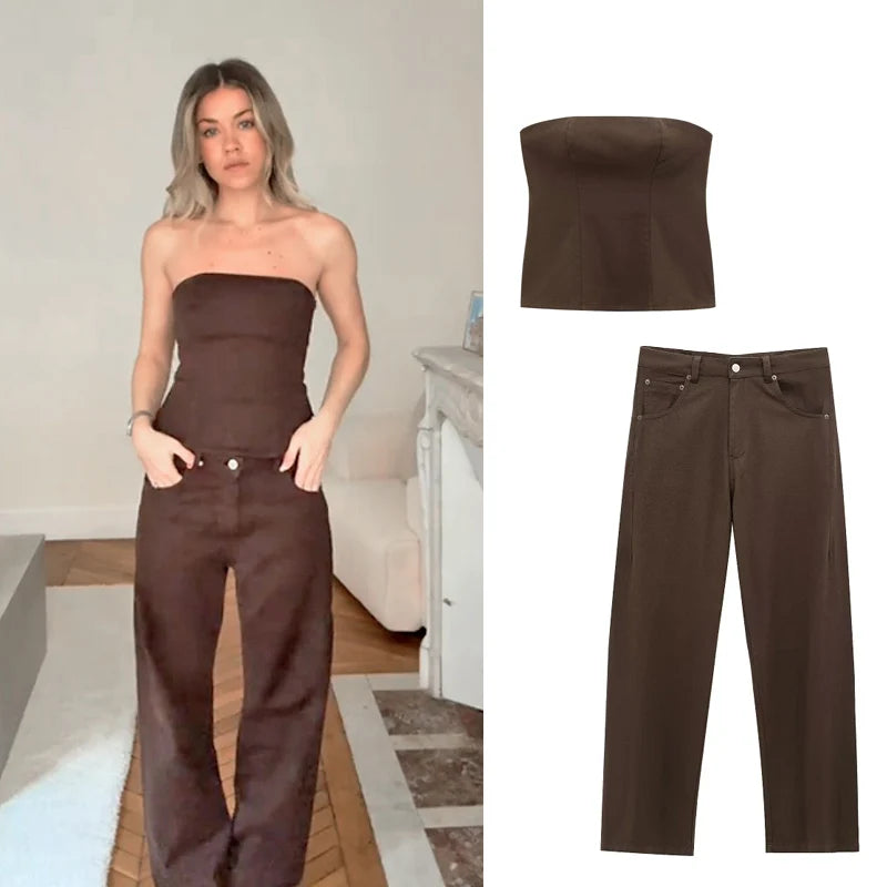HXAO Braunes Denim-Hosen-Set für Damen, 2025, Frühling, 2-teiliges Set, Outfit, Korsett-Tops, weites Bein, Hosen, modisches, elegantes Hosen-Set