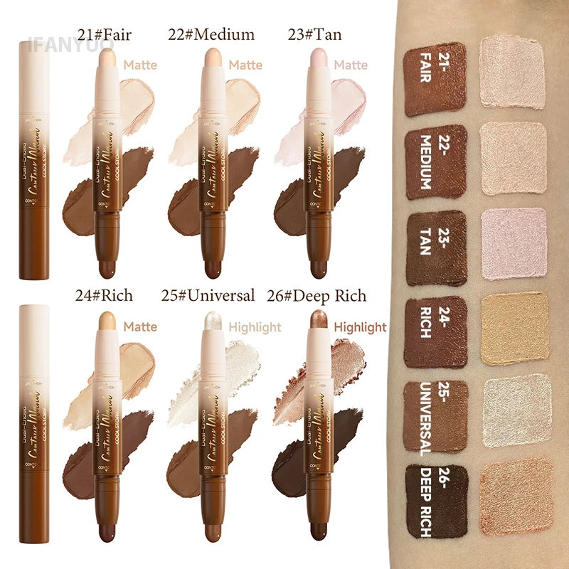 Dual-Ended Bronzer Contour Stick 2 in 1 Smooth Cream Nose Shadow Concealer Pen V Face Brighten Highlight Face Shaping Makeup