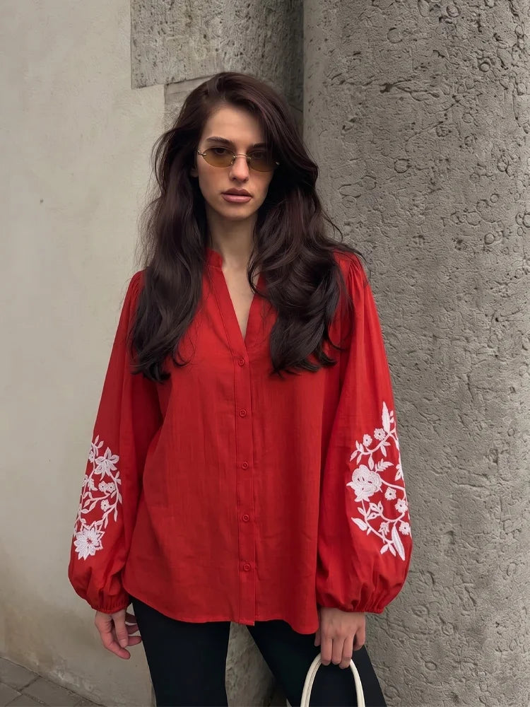 HH Damen Mode Bluse mit Blumenstickerei, Lässiger V-Ausschnitt, Langarm-Shirt, Streetwear, Rote Oberteile, Y2K-Top