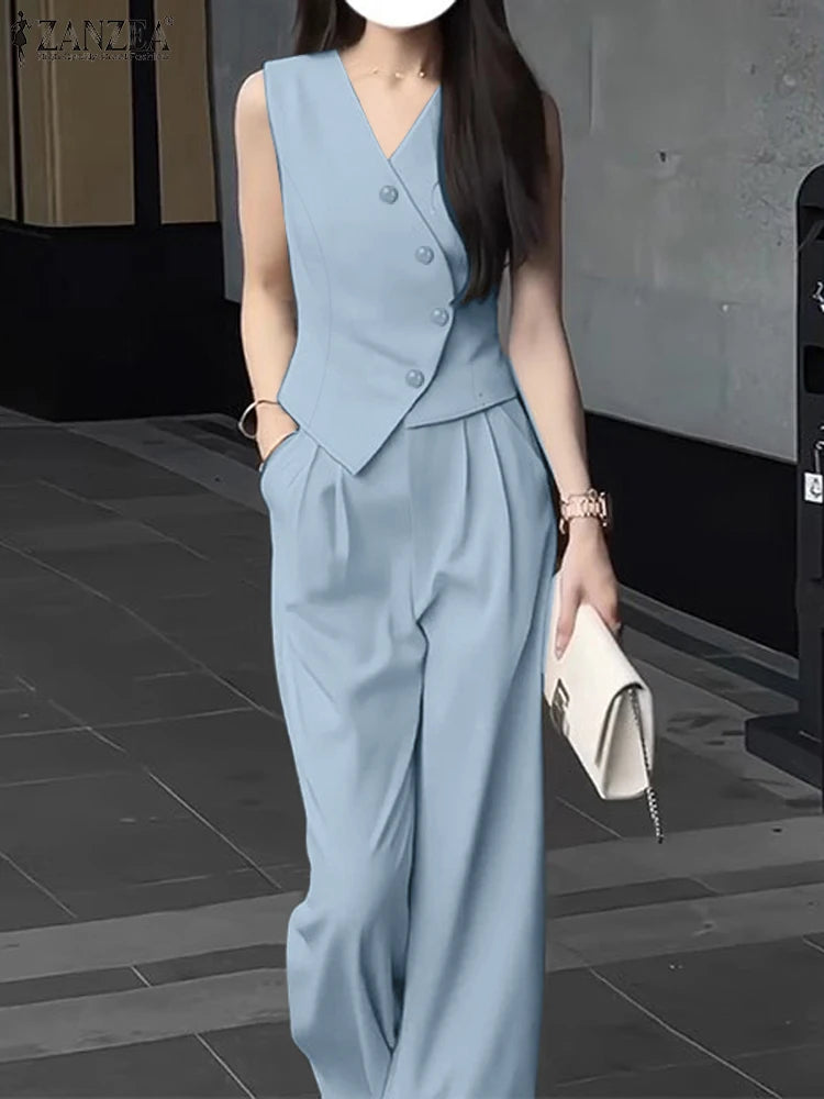 ZANZEA Koreanischen Stil Frauen Hose Sets Unregelmäßige Weste Tops Breite Bein Hosen Elegante Solide 2-Stück Sets Sommer Pendeln 2 stücke Outfits