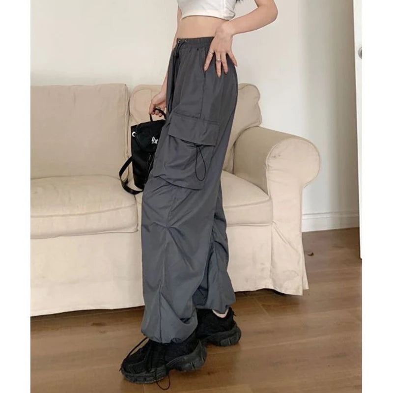 Große Größe Weibliche High Street Cargo Hosen Dame Baggy Hohe Taille Gerade Bein Hosen Mädchen Klassische Mode Kordelzug Hosen