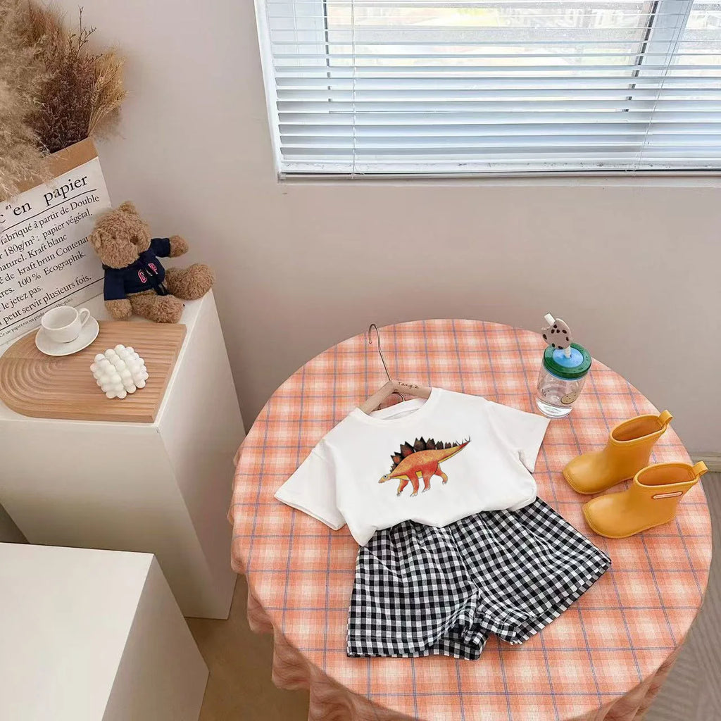 2Pcs Baby Kleidung Set Neugeborenen Jungen Casual Dinosaurier Druck Kurzarm T-shirt + karierten Shorts Kleinkind Mädchen Sommer Kinder outfit Set