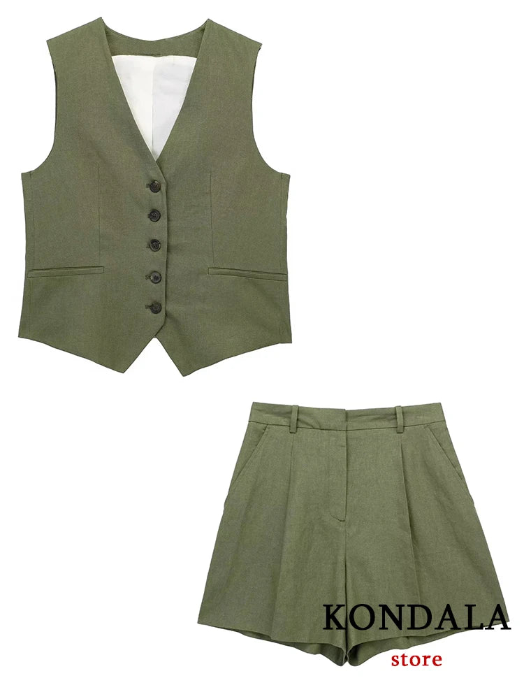 KONDALA Büro Dame Sommer 2023 Anzüge Frauen V-ausschnitt Single Button Ärmellose Blazer + Hohe Taille Breite Bein Shorts stilvolle Frauen Sets