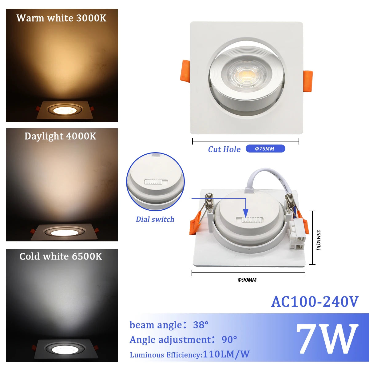 1-10 Stück 7W 3 CCT LED Farbwechsel 3000K 4000K 6000K LED-Deckenstrahler Einbauleuchte AC 110V 220V Einstellbar 90° °   Beleuchtungsspot