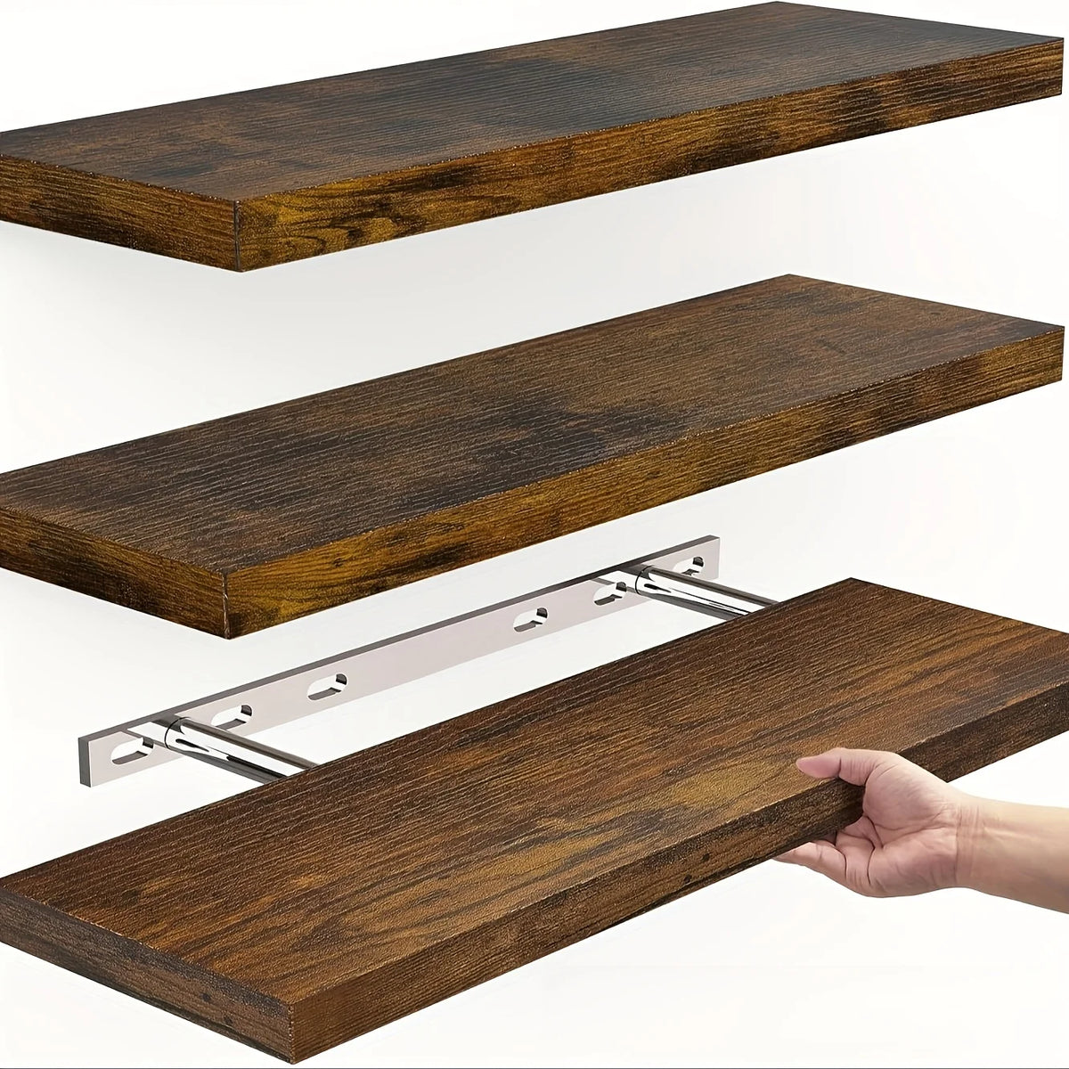 Klassisches, an der Wand montiertes horizontales Streifen-Designregal aus massivem Holz, platzsparend für Aufbewahrung und Präsentation im Wohnzimmer und Schlafzimmer
