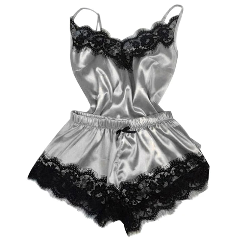 Mode Nachtwäsche Spitzen besatz Satin Cami Top Pyjama Sets sexy heiße erotische Home Wear Frauen Pyjamas Frauen Nachtwäsche ärmellosen Riemen