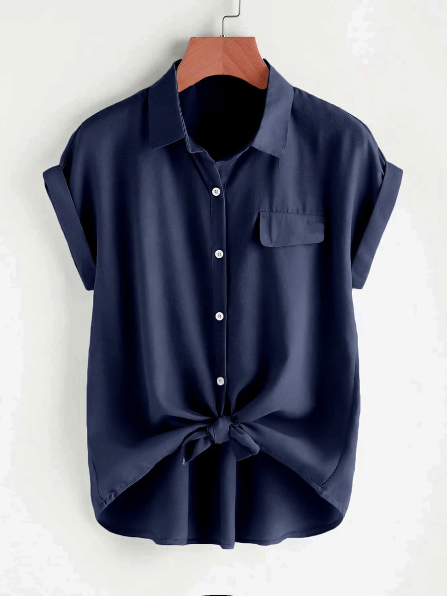 Solides Hemd für Damen, Sommer, kurzärmelig, mit Knöpfen, Umlegekragen, Bluse, lässig, Büro, Arbeitskleidung, lockere Oberteile, solide Basic-Kleidung