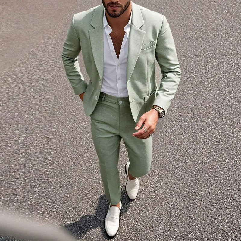 KIDWHXR Herren 2-teiliges Hochzeits-Set Koreanischer Einfarbiger Einreihiger Blazer mit Taschen Gerade Geschnittene Hose Schlanker Casual Anzug Outfit