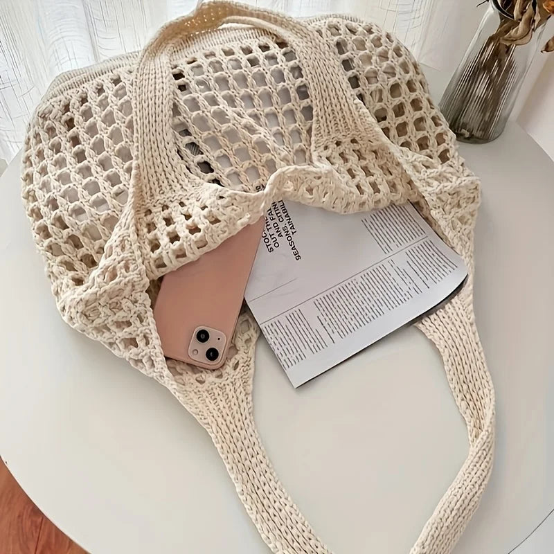 Gehäkelte Tragetasche für Damen, großes Fassungsvermögen, hohl gewebte Einkaufstasche mit festem Schultergurt, ideal für Reisen, Taschen für Damen, Handtaschen
