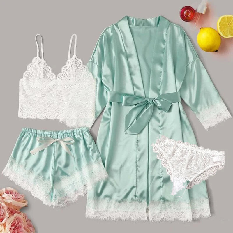 4PCS Frauen Pyjama Anzug Mode V-ausschnitt Stretch Seide Satin Robe Spitze Sexy Dessous Bademantel Bowknot Pyjamas Shorts Set Nachtwäsche