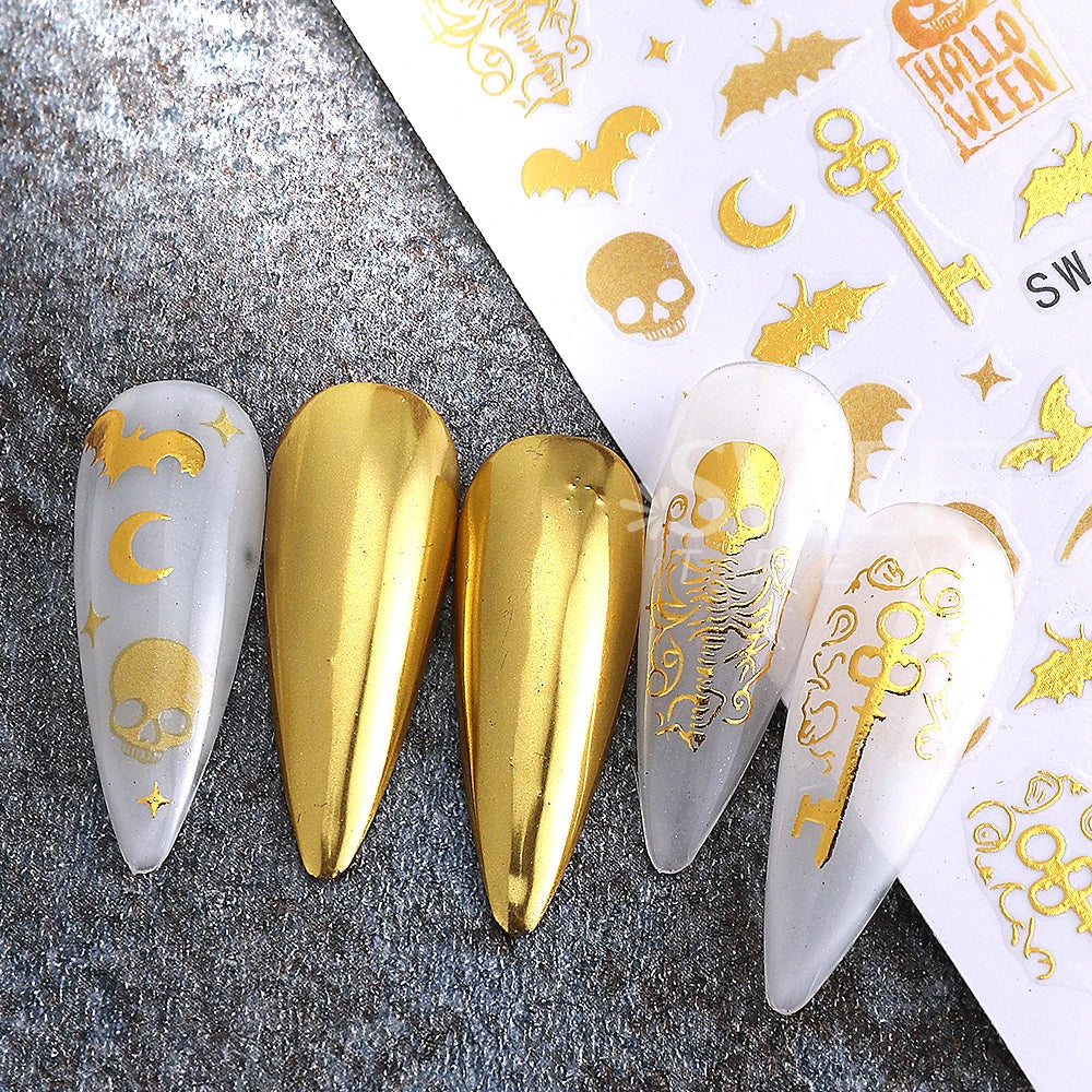 3 Stück Halloween Nagelaufkleber Goldenes Skelett Kürbis Fledermaus Schlüssel Nagelaufkleber y2k Stern Punk Gothic Nagelzubehör Maniküre Dekoration