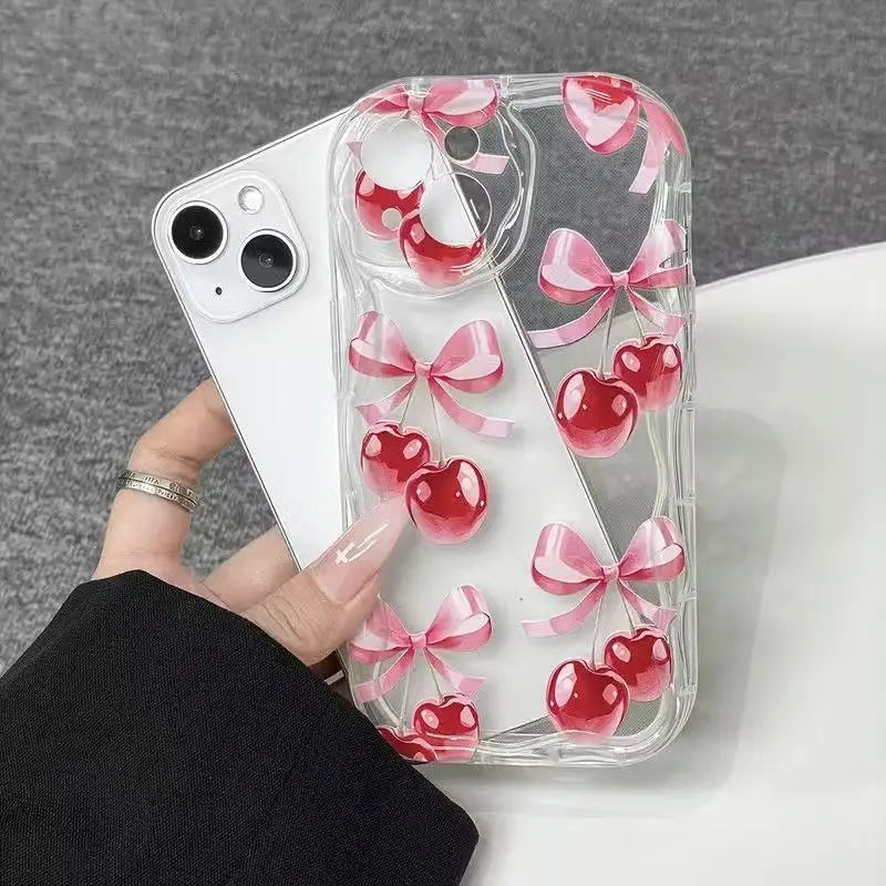 Rosa Kirschblüten-Schleifenmuster Wellenrand-Handyhülle für iPhone 17 Pro Max 16 15 14 Plus 13 12 11 Pro Max 16e 17e Transparente Hülle