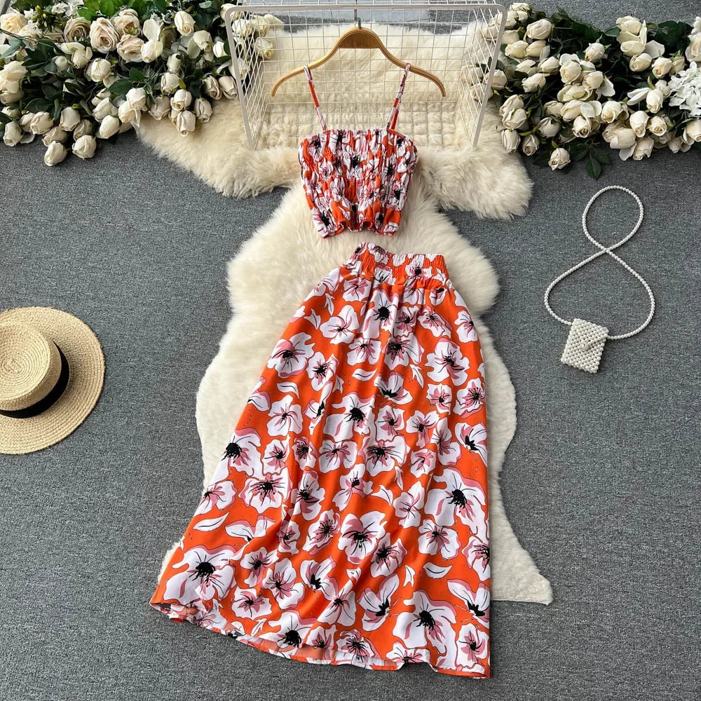 2026 Urlaubs-Blumendruck, zweiteilige Anzüge, Reißverschluss-Design, schmales Tank-Top + A-Linie, langer Rock, Vintage-Böhmische Strand-Sets