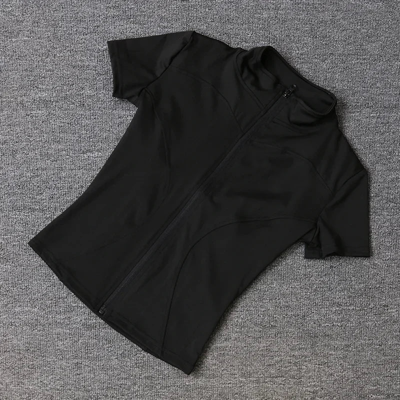 Sommer Hohe Qualität Taille Abnehmen Training Tops frauen Schnell trocknend Engen Stehkragen Voll Zipper Kurzen Ärmeln Yoga shirts