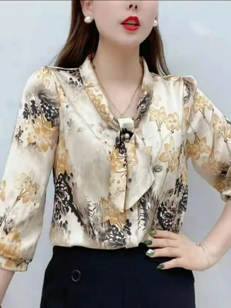 Frauen Frühling Sommer Stil Chiffon Blusen Shirts Dame Casual Halbe Hülse Fliege Kragen Gedruckt Blusen Tops DF4198