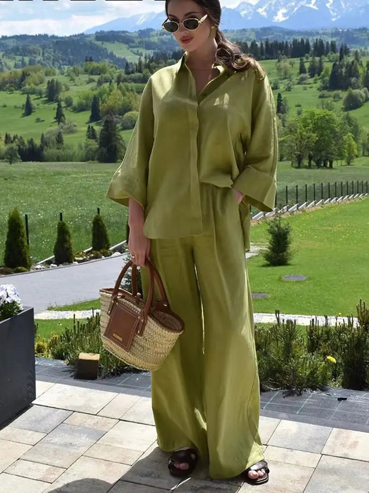 HH Frauen Casual Solide Bluse Hose Sets Lose Langarm Revers Shirts Elastische Taille Breite Bein Hosen Büro Dame Anzug