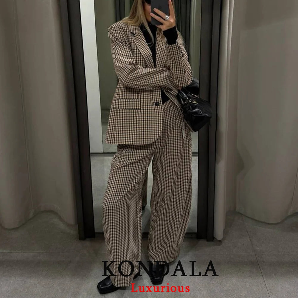 KONDALA Casual Chic Büro Dame Frauen Anzug Plaid Taste Langarm Blazer Lange Gerade Hosen Mode 2025, Herbst Bussiness Set