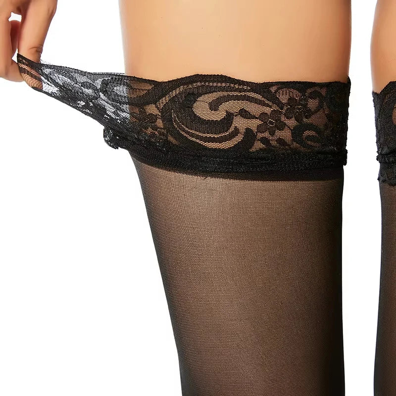Sexy Frauen Spitze Top Oberschenkel Hohe Strümpfe Schwarze Strümpfe Transparente Strumpfhosen Dessous Strumpfwaren Mode Medien