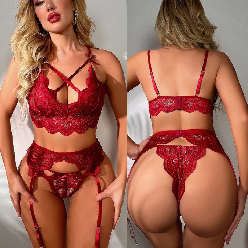 Strumpfband G-String Unterwäsche für Frauen Super Hot 3-teiliges Dessous-Set Blumen-BH Tanga Pornografisches Outfit Hosenträger Damenunterwäsche