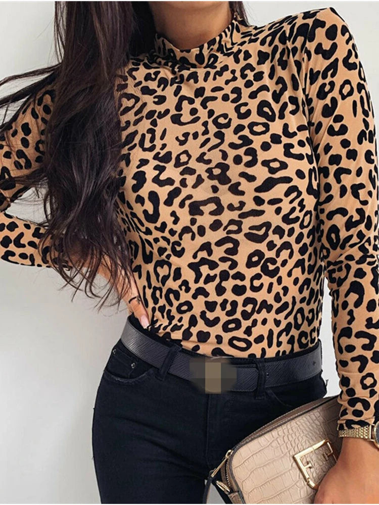 Frauen Blusen Mode Leopard Print Rollkragen Bluse Herbst Langarm Shirts Party Damen Kleidung Damen Blusen Und Tops