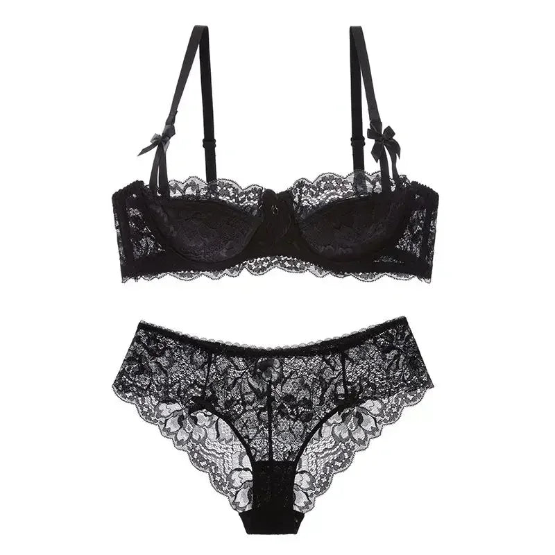 BANERDANNI Französisches Spitzen-Bralette-Set, atmungsaktiver, nicht gepolsterter BH für zierliche, transparente Blumen-Dessous, kabelloses Komfort-Anti-Gap-Design