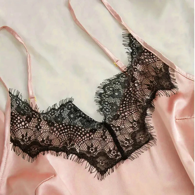 Damen Satin Nachtwäsche Pyjama Set Rosa Sexy Dessous Bademantel Spitze Patchwork Seide Nachtkleid Hose Home Bekleidet Nachtwäsche