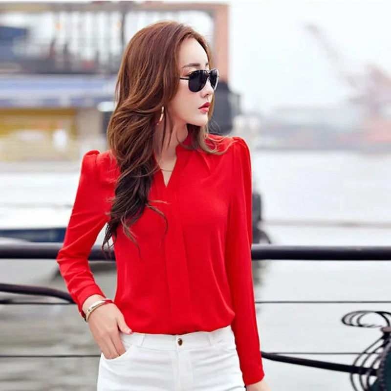 Langarm-shirt Frauen Herbst Kleidung Mode Schlanke Bluse V-ausschnitt Koreanische Elegante Damen Büro Shirts Weiß Rot