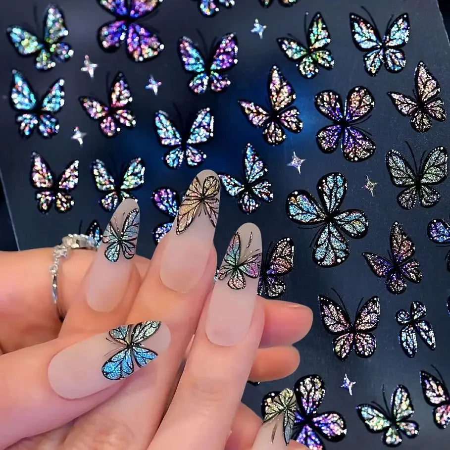 5D Glänzende Schillernde Glitzer-Schmetterling Nagelaufkleber Holographische Katzenauge-Schmetterlinge Nagelsticker Selbstklebende Nageldekoration*1Stk