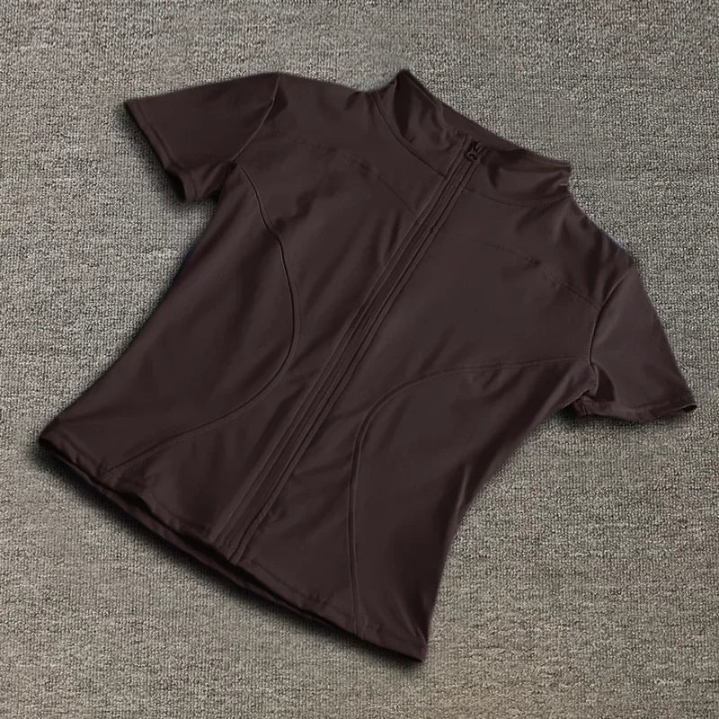 Sommer Hohe Qualität Taille Abnehmen Training Tops frauen Schnell trocknend Engen Stehkragen Voll Zipper Kurzen Ärmeln Yoga shirts