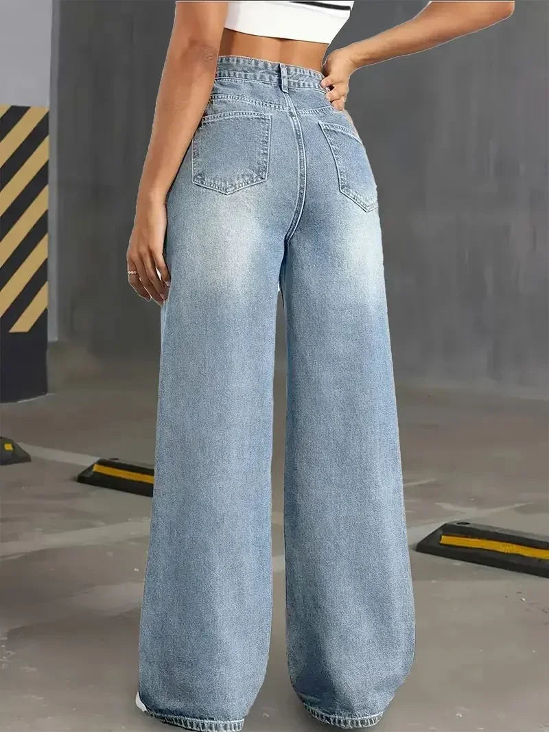 Y2k Jeans für Damen Klassisch Blau Elastisch Gerades Bein Schlichtes Design Retro-Stil Dehnbare Denim-Hose