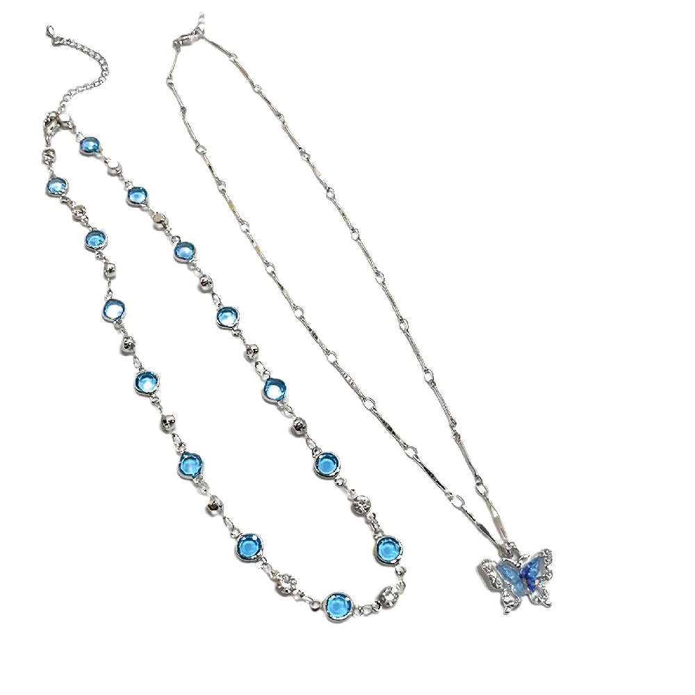 Neue Modische Filigrane Zirkon-Funkelnde Anhänger Romantische Blaue Kristall-Schmetterling-Halskette für Frauen Zweischichtige Choker-Kette